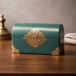 Vintage Mexican Wood Metal Trinket Jewrely Green Gold Tone Box